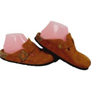 Guoluofei Women's Mink Brown Cork Footbed Leather Slip-On Casual Clogs Size 8